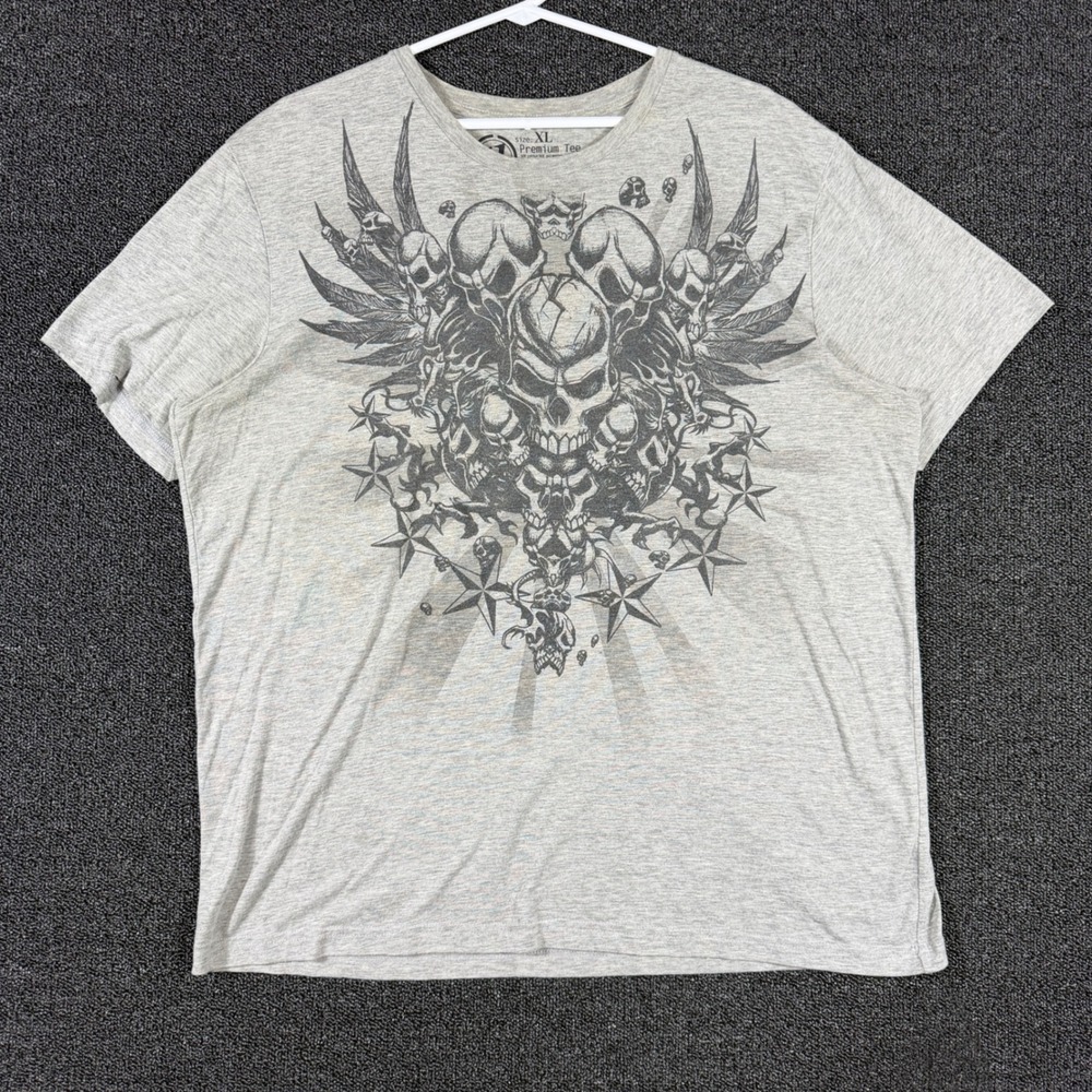 Hybrid Tees Mens XL Affliction Style Skull Graphic Print T-Shirt Y2K Tribal Wing